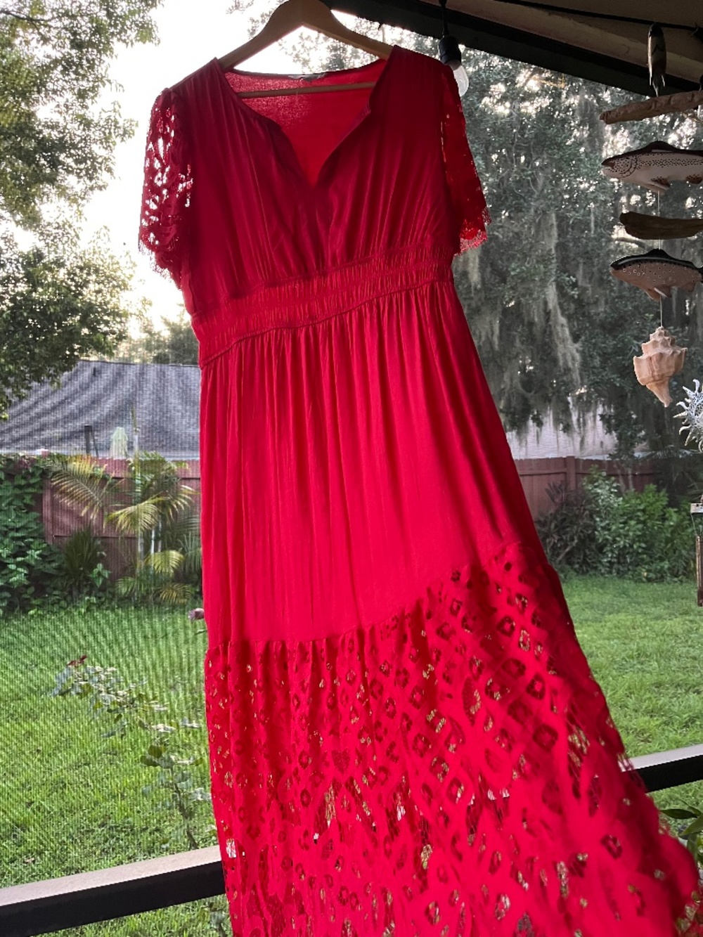 J Gee Bohemian style patchwork red maxi dress V-neck and lace details, size XL